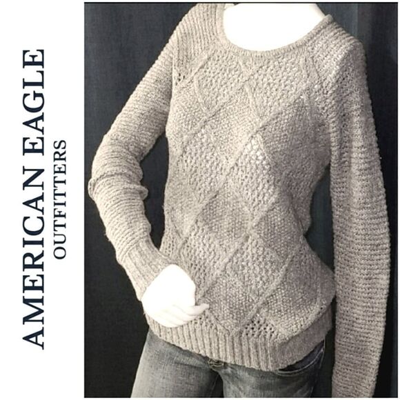 American Eagle XS 0/2 Chunky Grey Wool Blend Cable Knit Sweater Diamond Pattern - Picture 9 of 10